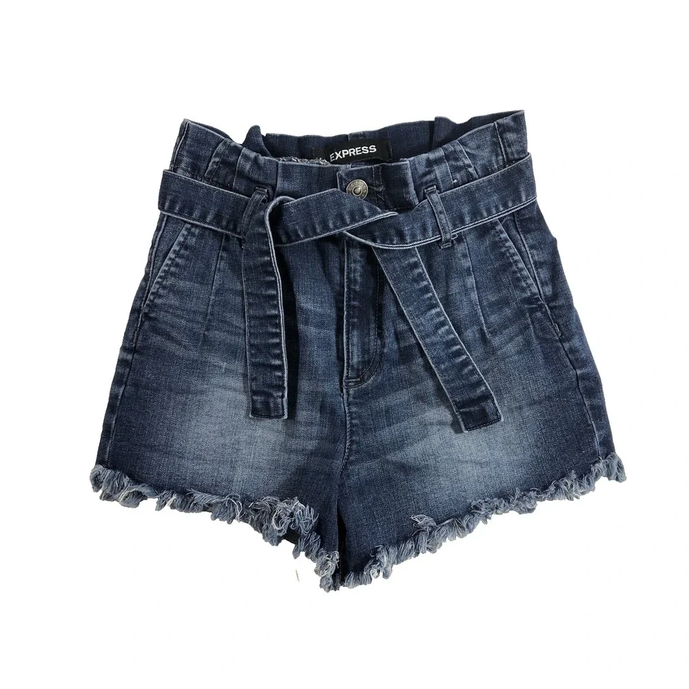 Express Shorts Women's 00 Denim Blue Shortie Extreme‎ High Rise Belted Raw Hem